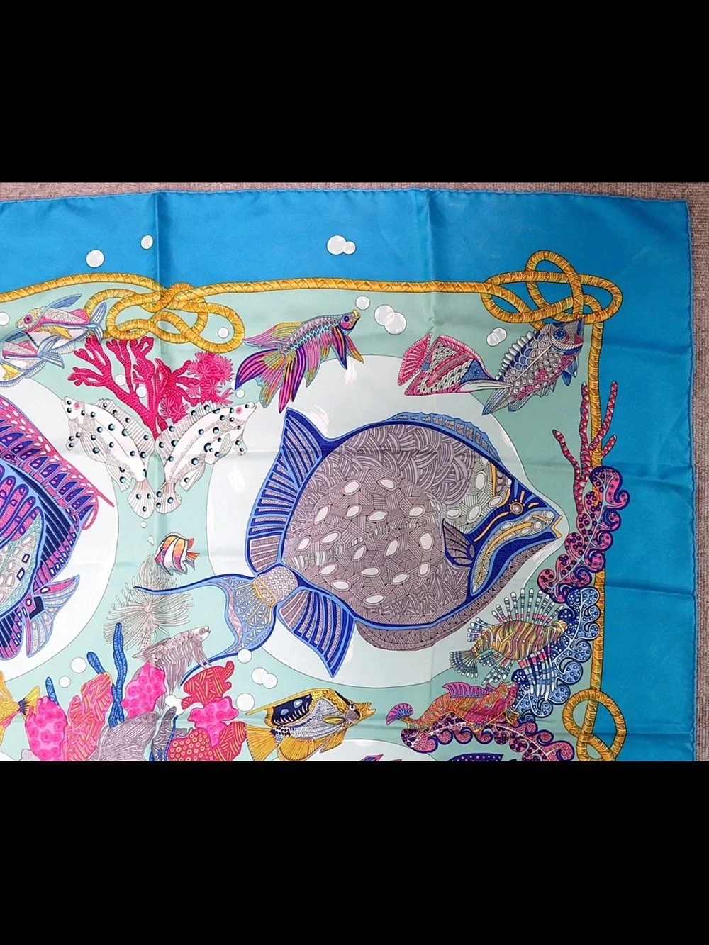 Hermes Turquoise Blue Marine Life Silk Scarf with Multicolor Fish